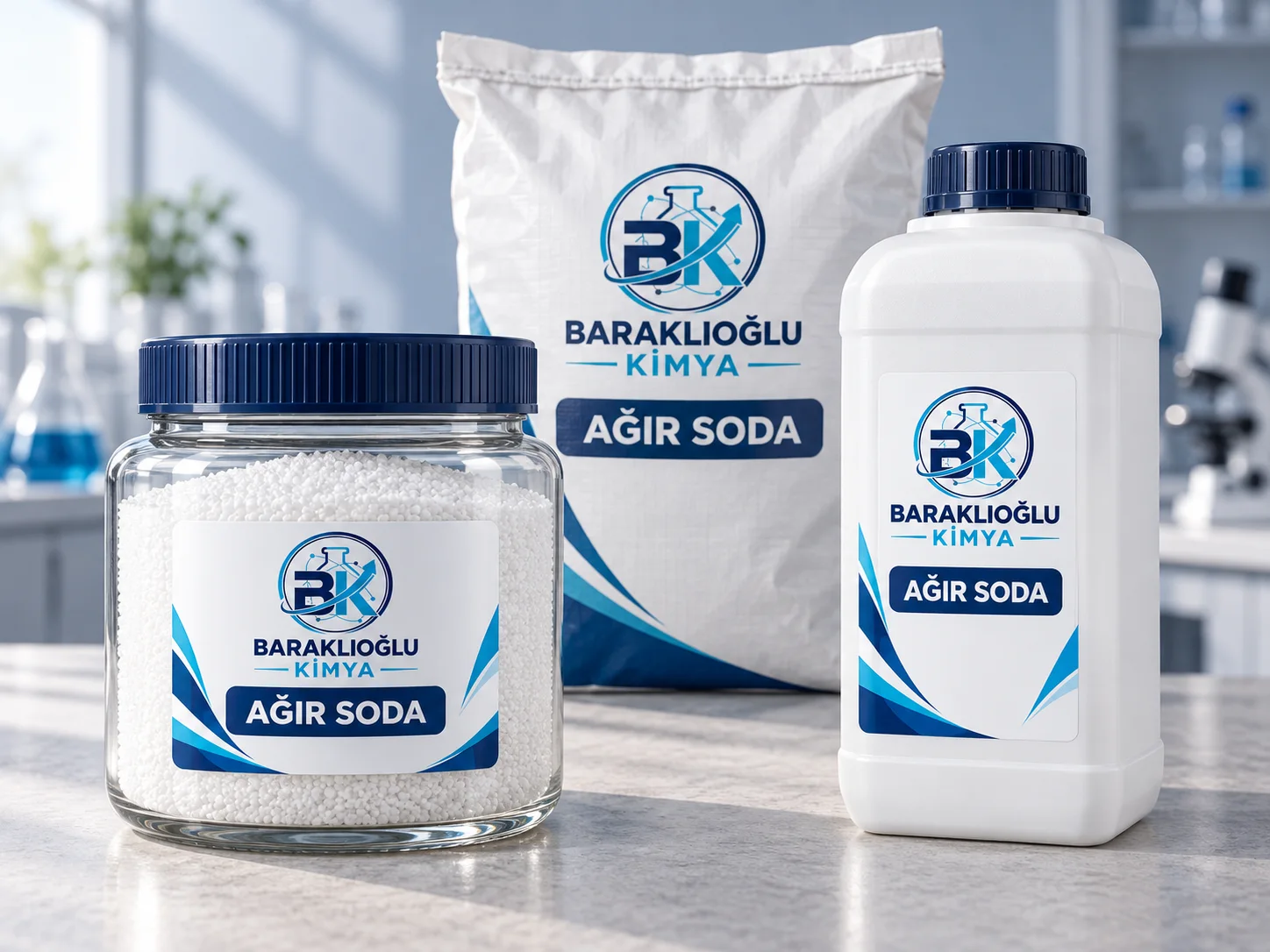 Dense Soda Ash Illustrative Dense Soda Ash sample jar, HDPE bottle and industrial sack