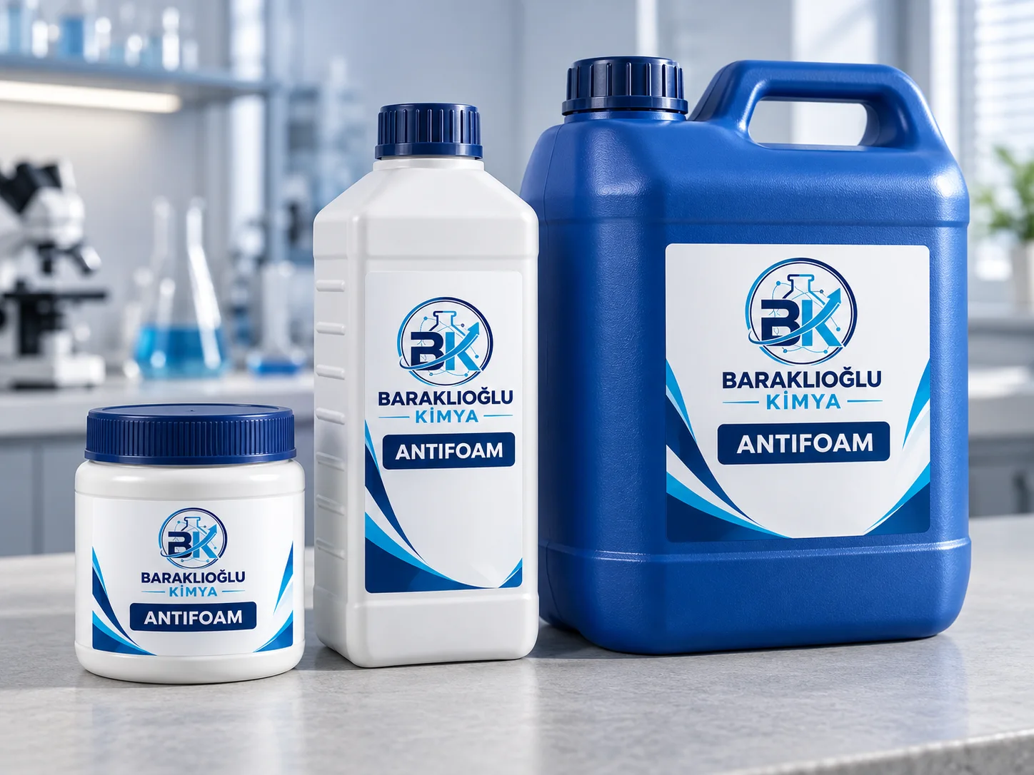 Antifoam Illustrative Antifoam sample jar, liquid bottle and blue handled jerrycan